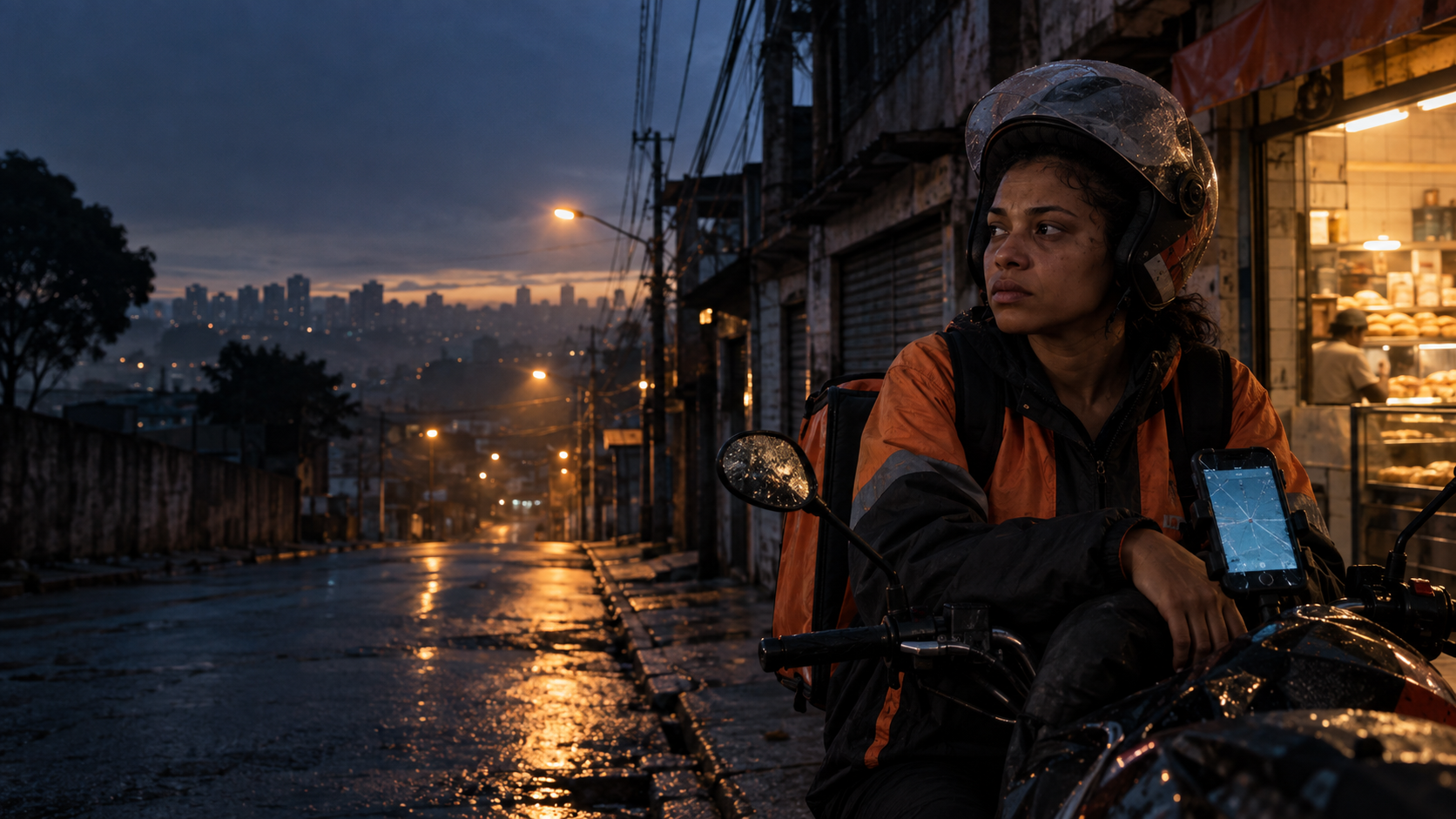 Ana em uma rua da periferia ao amanhecer