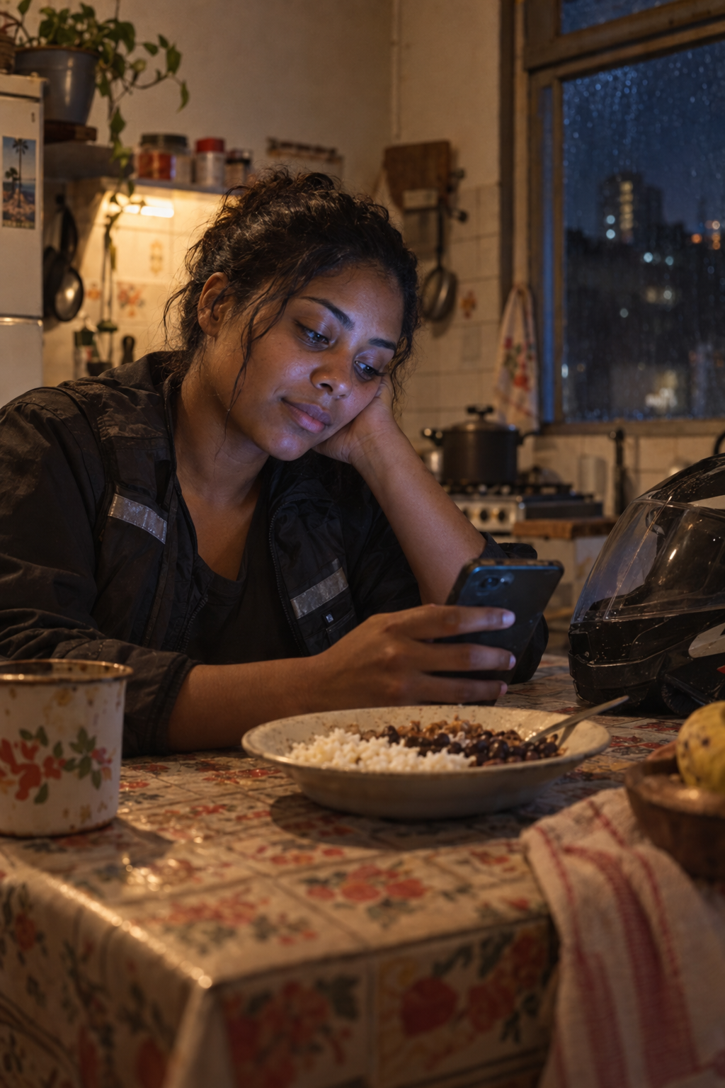 Ana em uma cozinha simples, iluminada pelo celular