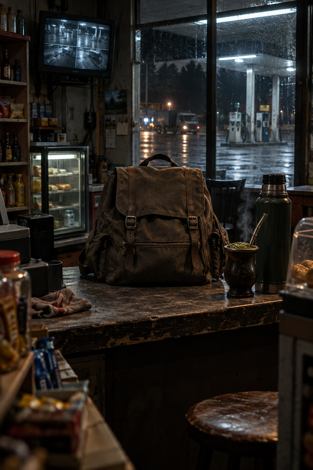 Mochila velha sobre o balcão de uma conveniência