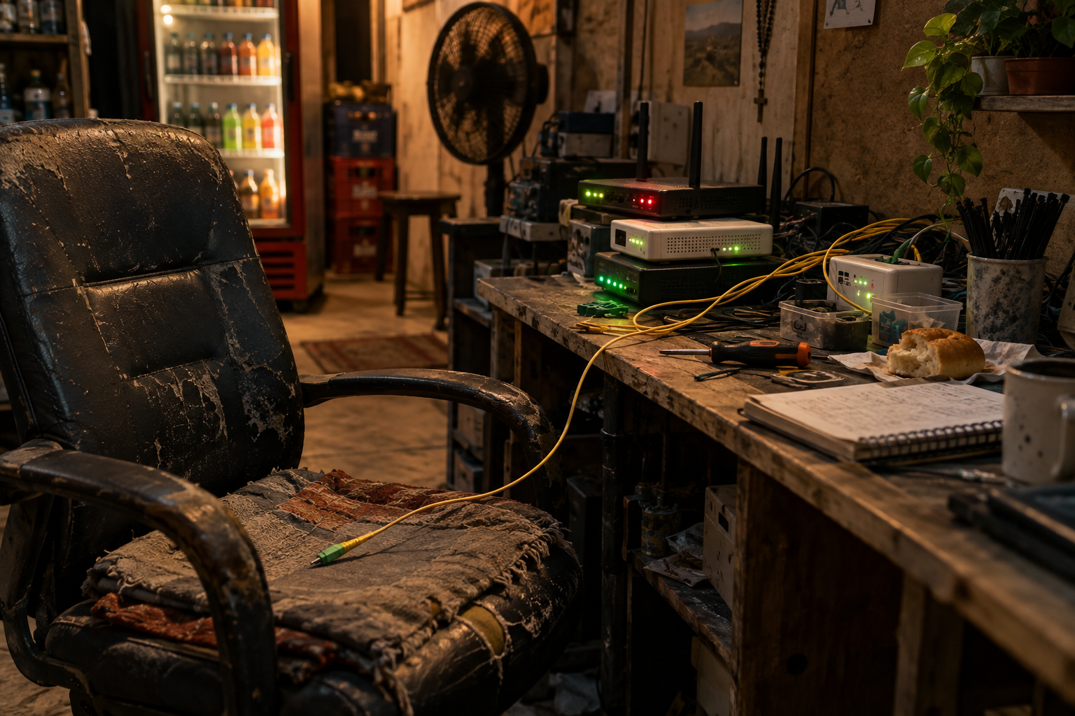 Cadeira gasta ao lado de uma bancada com modems e cabos iluminados