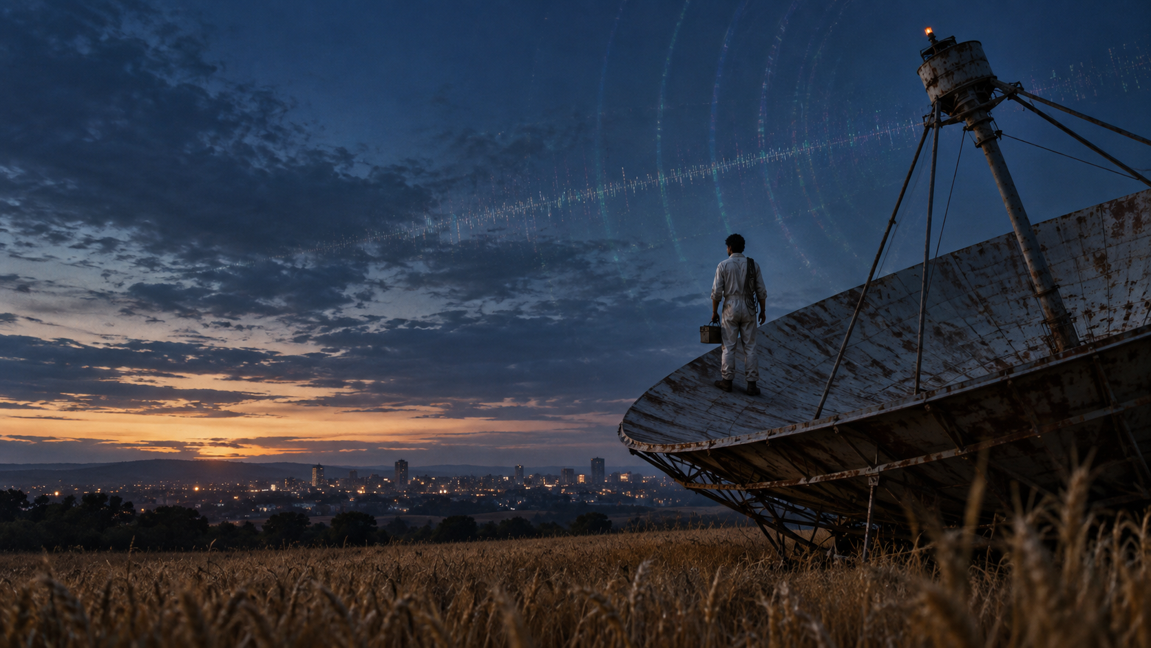José diante de uma antena parabólica ao entardecer