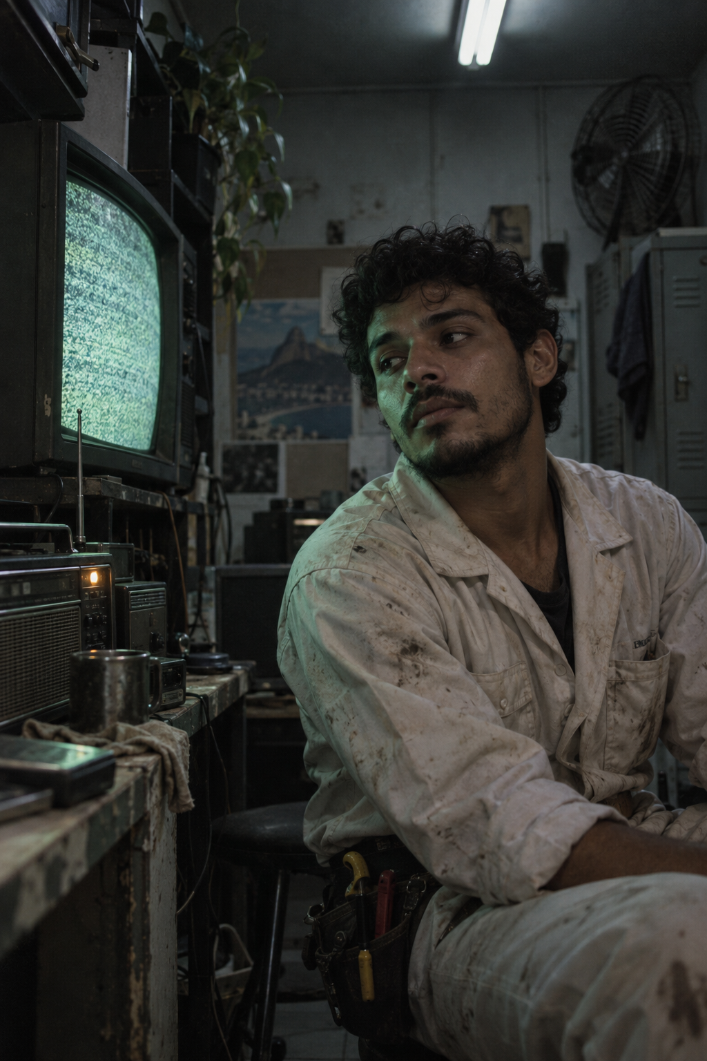 José diante de uma televisão antiga com estática verde