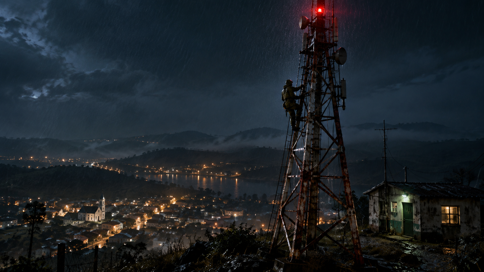 Torre de transmissão iluminada pela luz vermelha sob chuva
