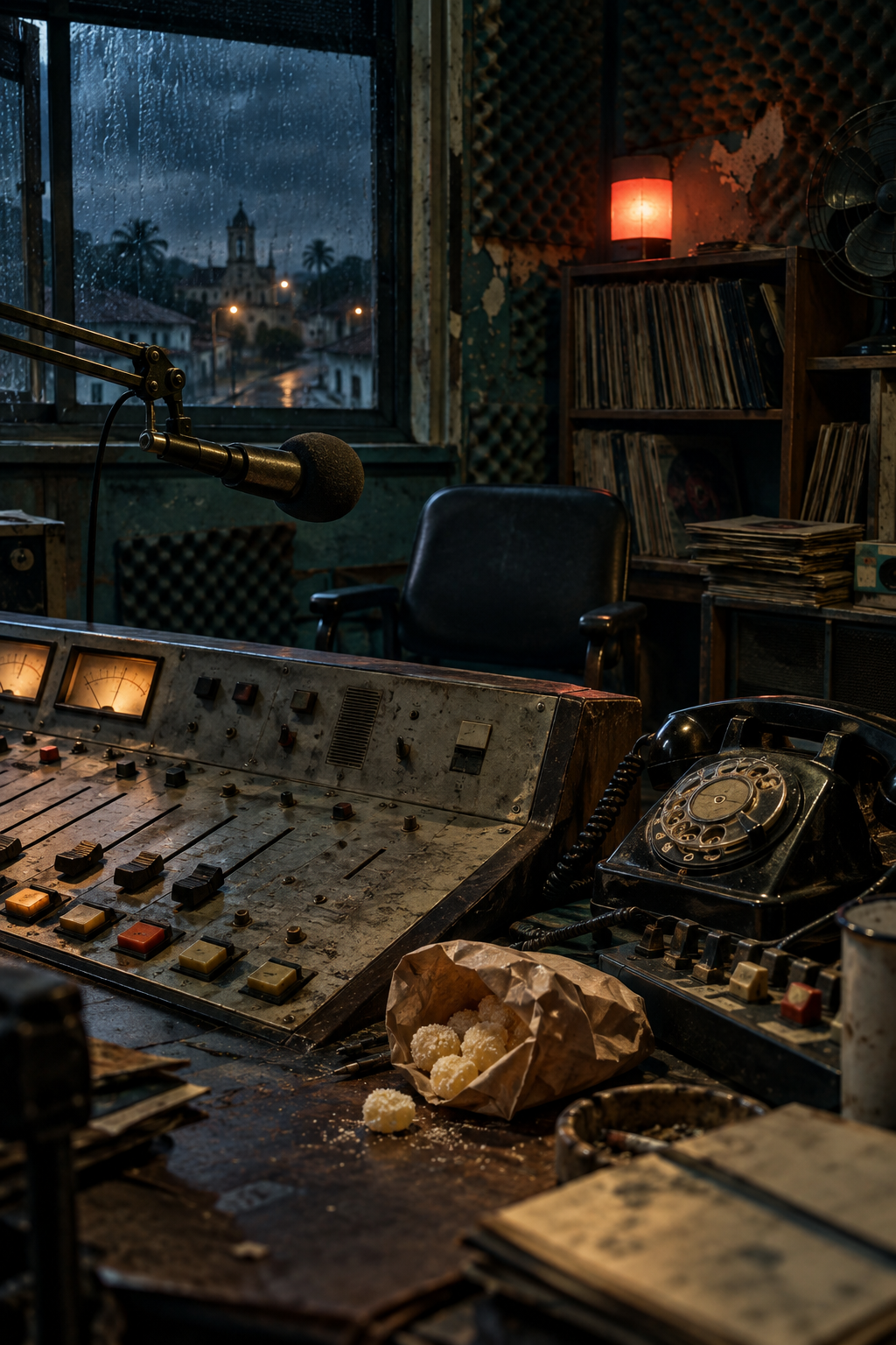 Estúdio antigo com microfone, telefone e console de rádio