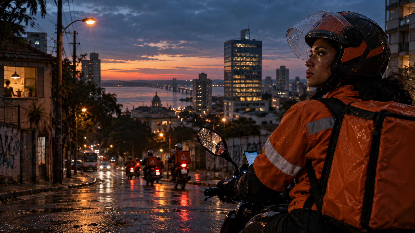 Motogirl em rua molhada de Porto Alegre ao entardecer