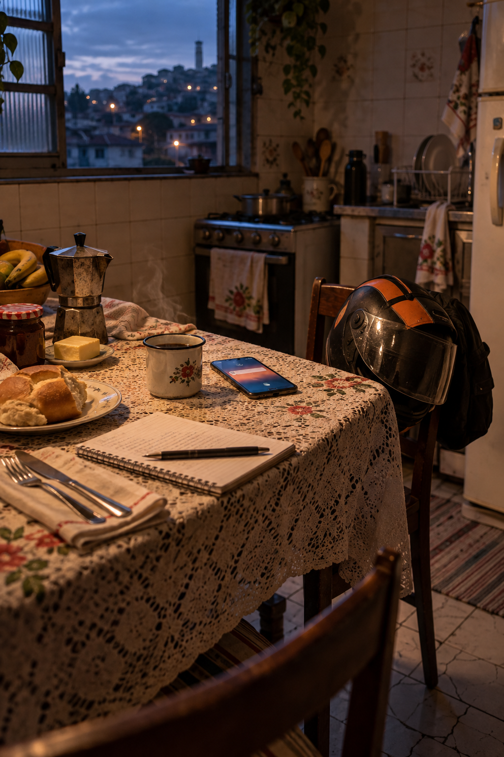 Cozinha de Ana com capacete, celular e caderno sobre a mesa